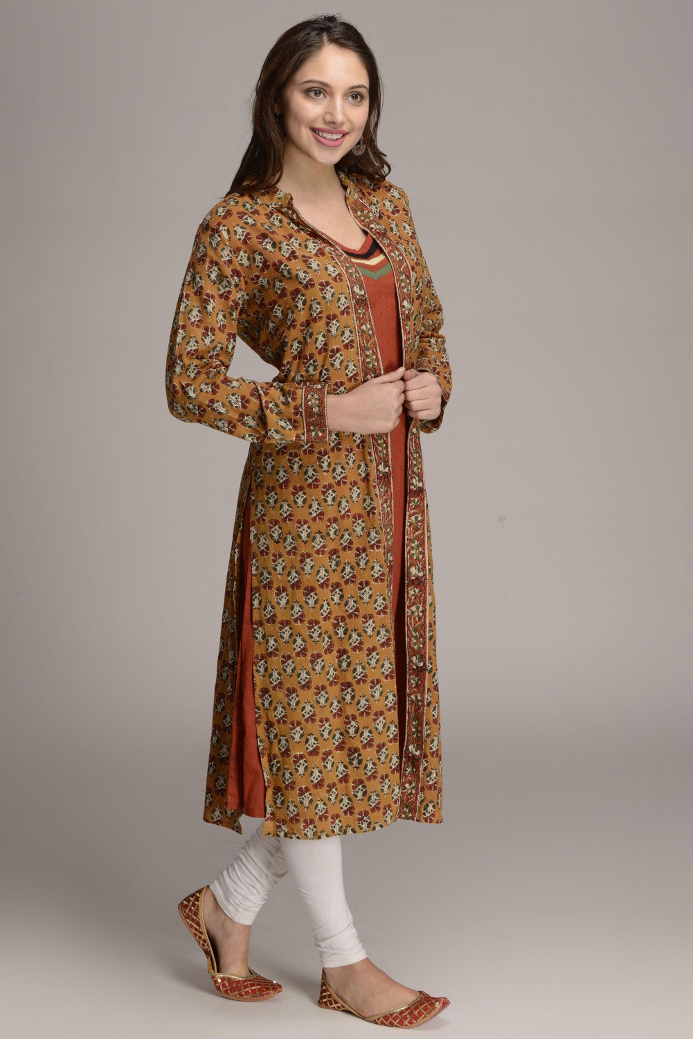 Hand block printed long Indian ethnic Kalamkari cape kurta with sleeveless inner