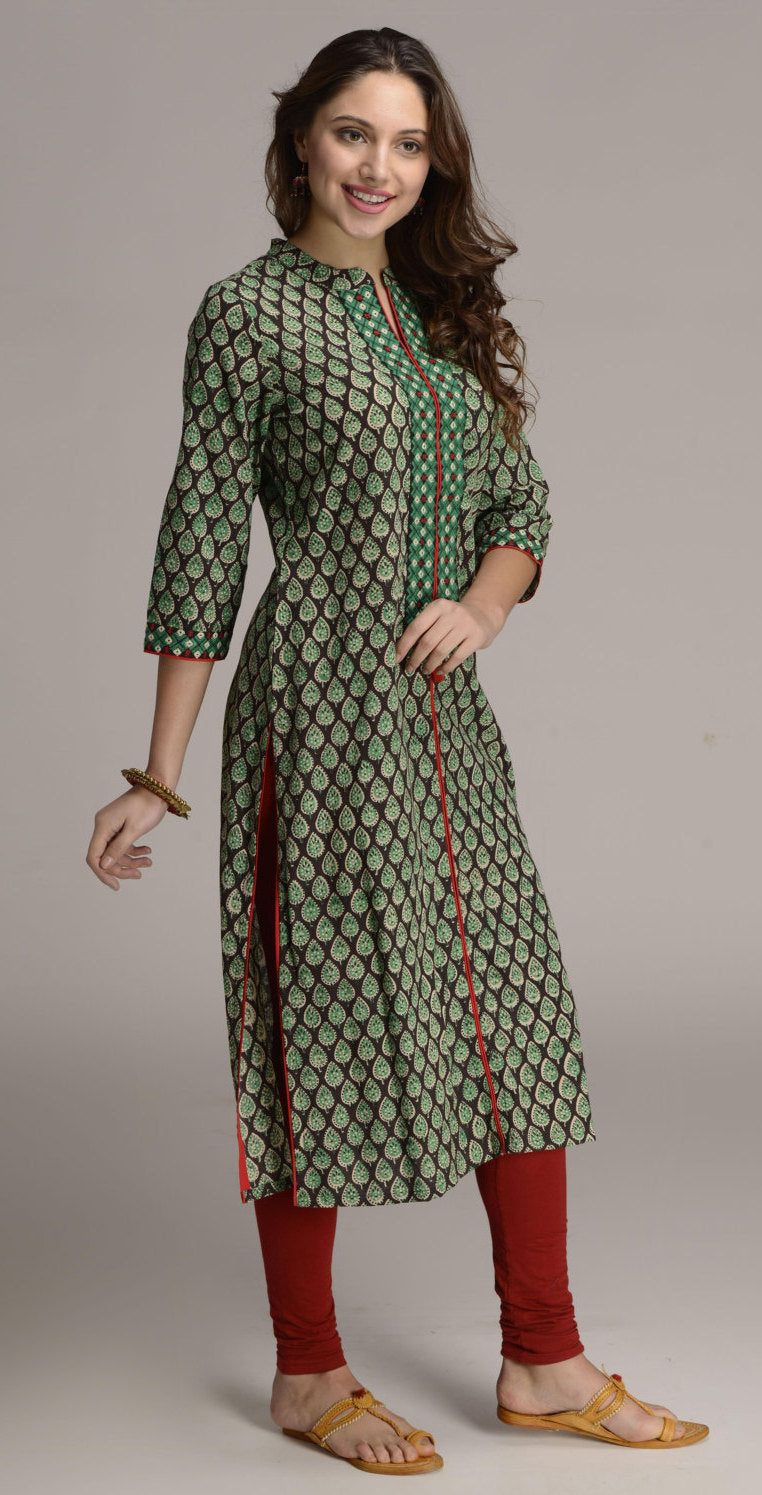 Hand block paisley printed Indian ethnic long kurta with embroidery