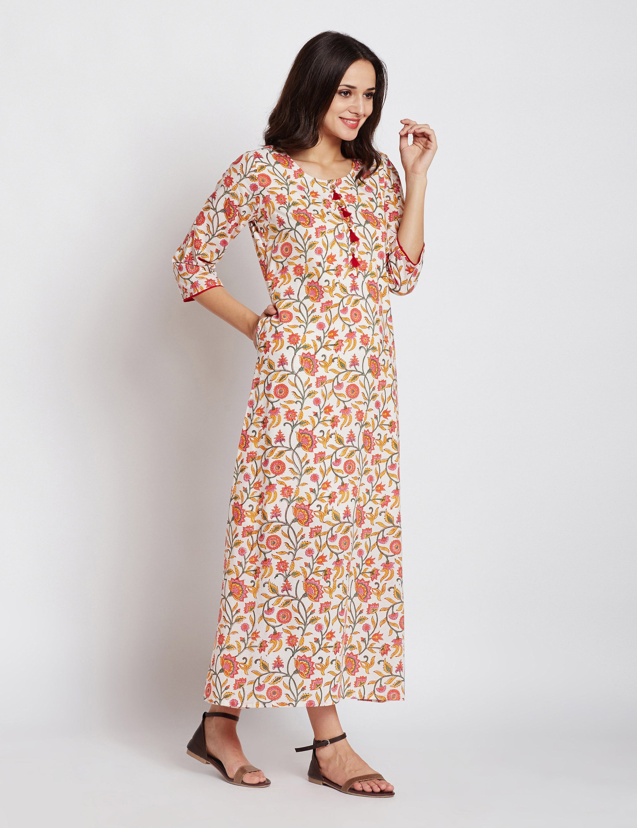 Hand block white floral printed one piece long dress