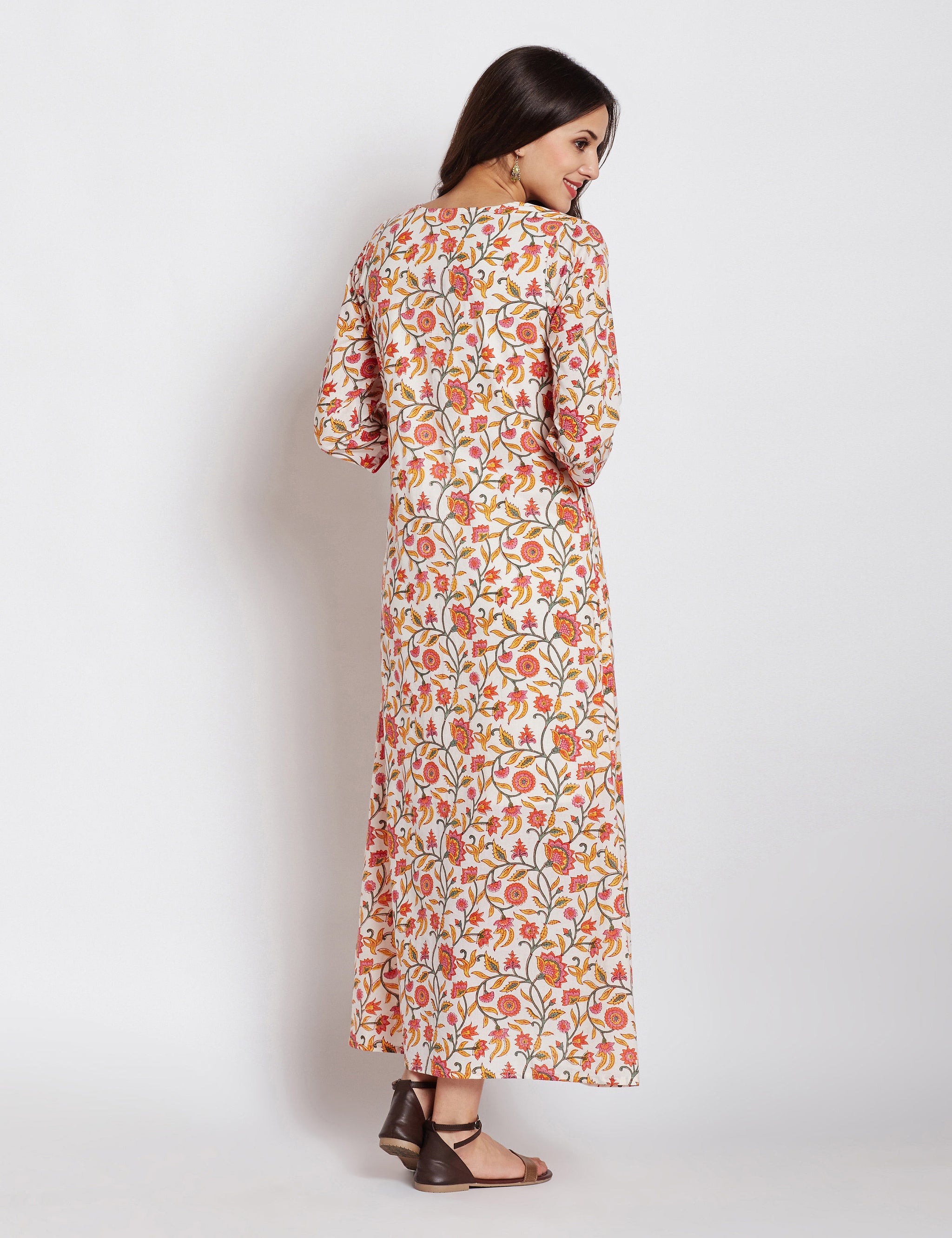 Hand block white floral printed one piece long dress