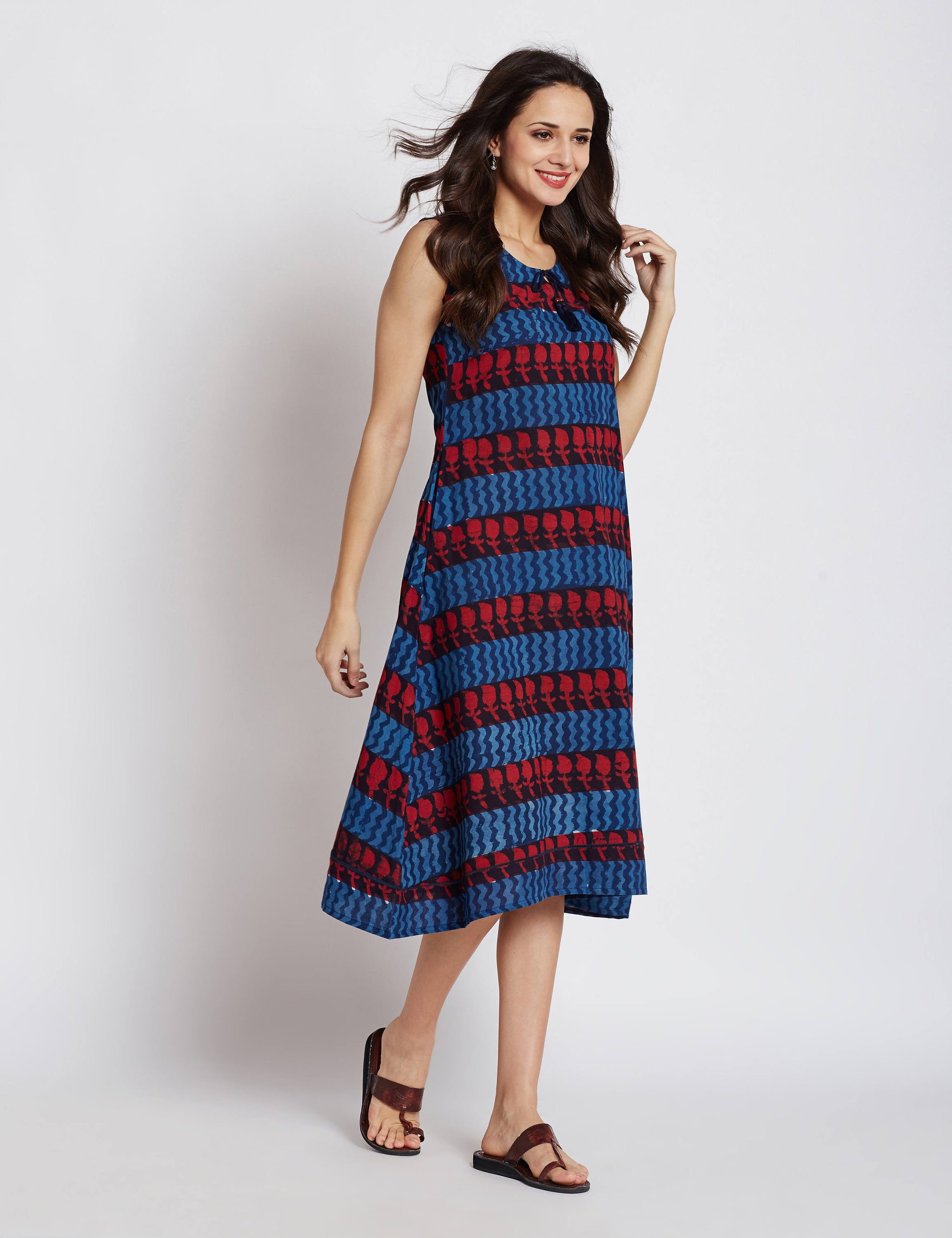 Hand block indigo dabu printed one piece sleeveless dress