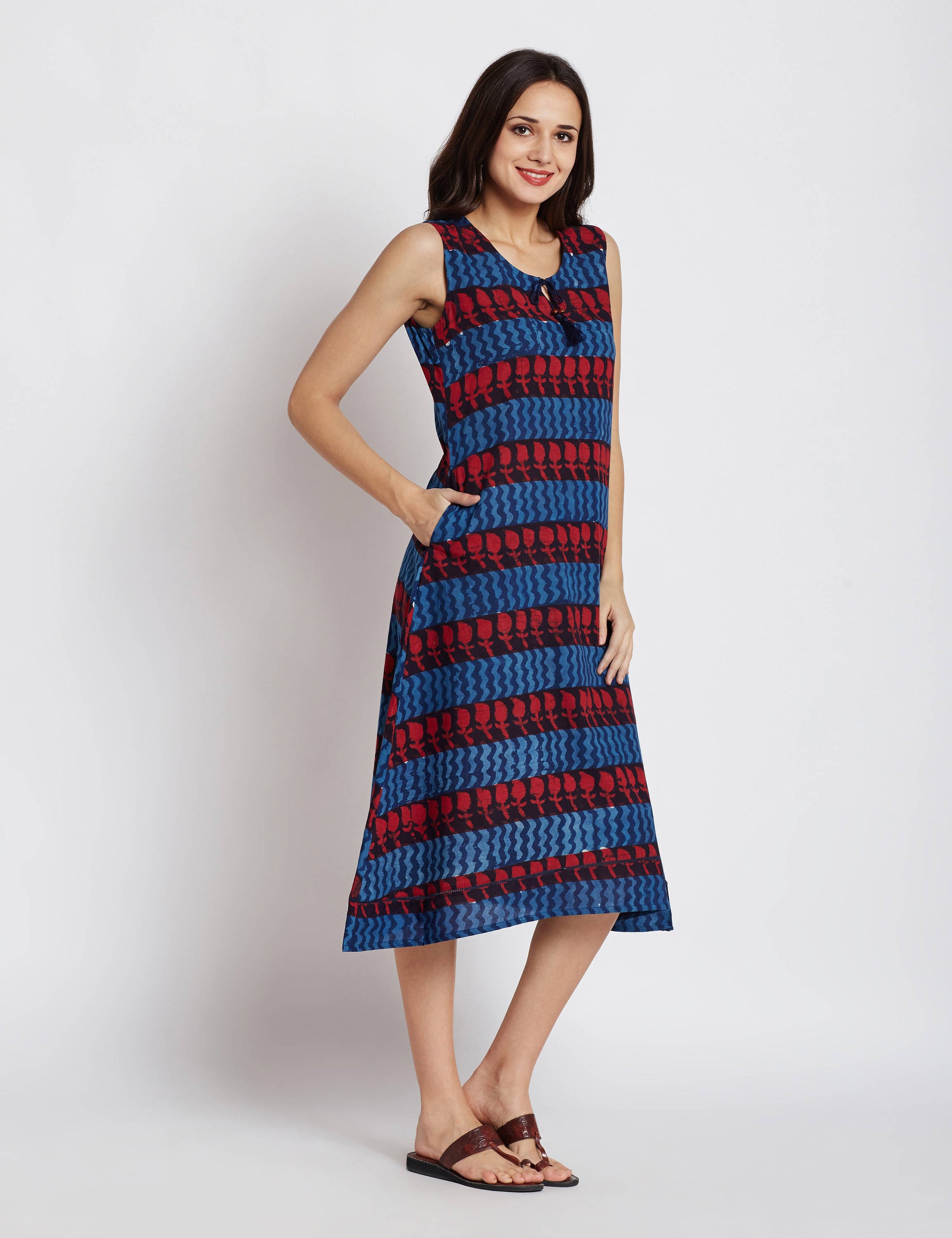 Hand block indigo dabu printed one piece sleeveless dress