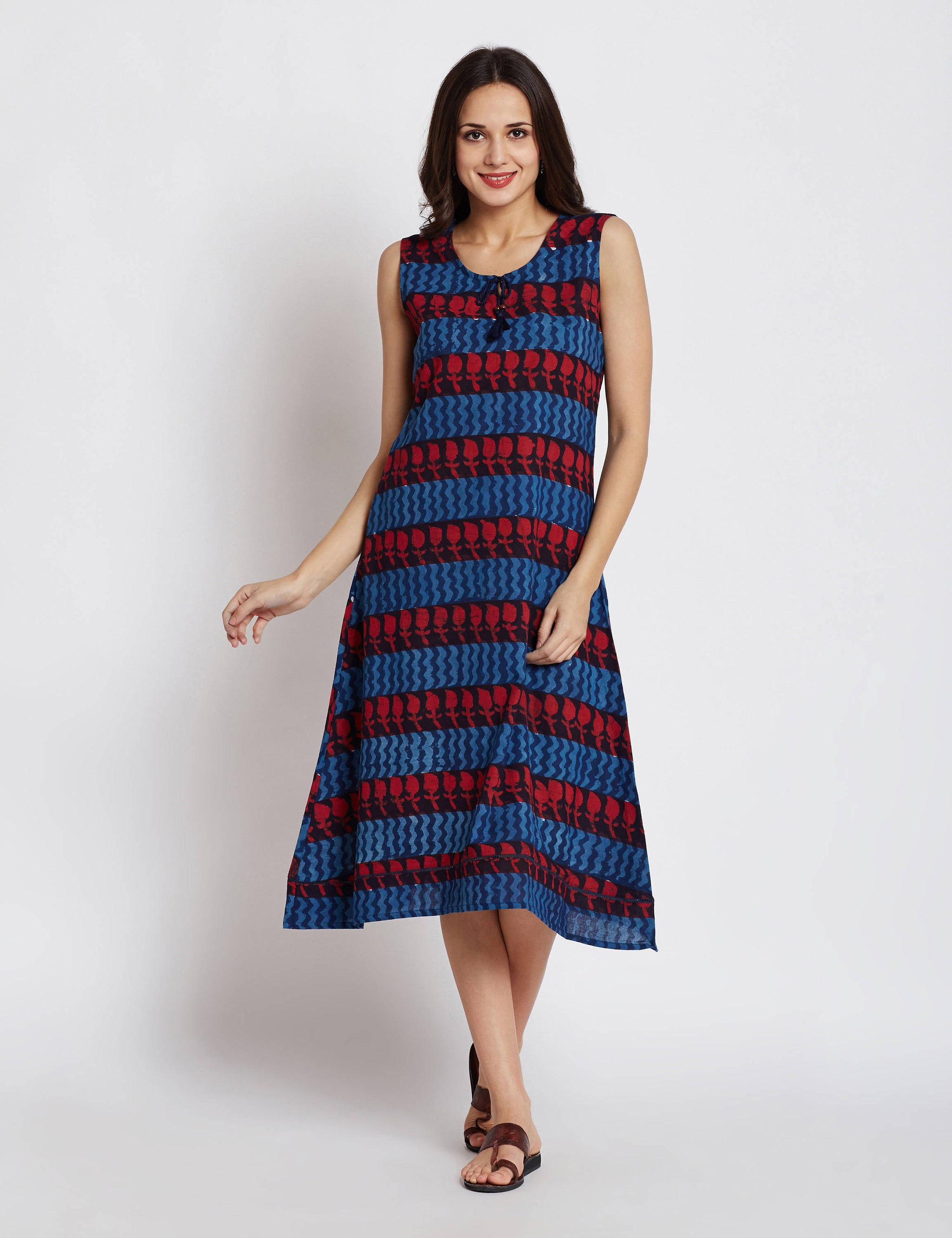 Hand block indigo dabu printed one piece sleeveless dress
