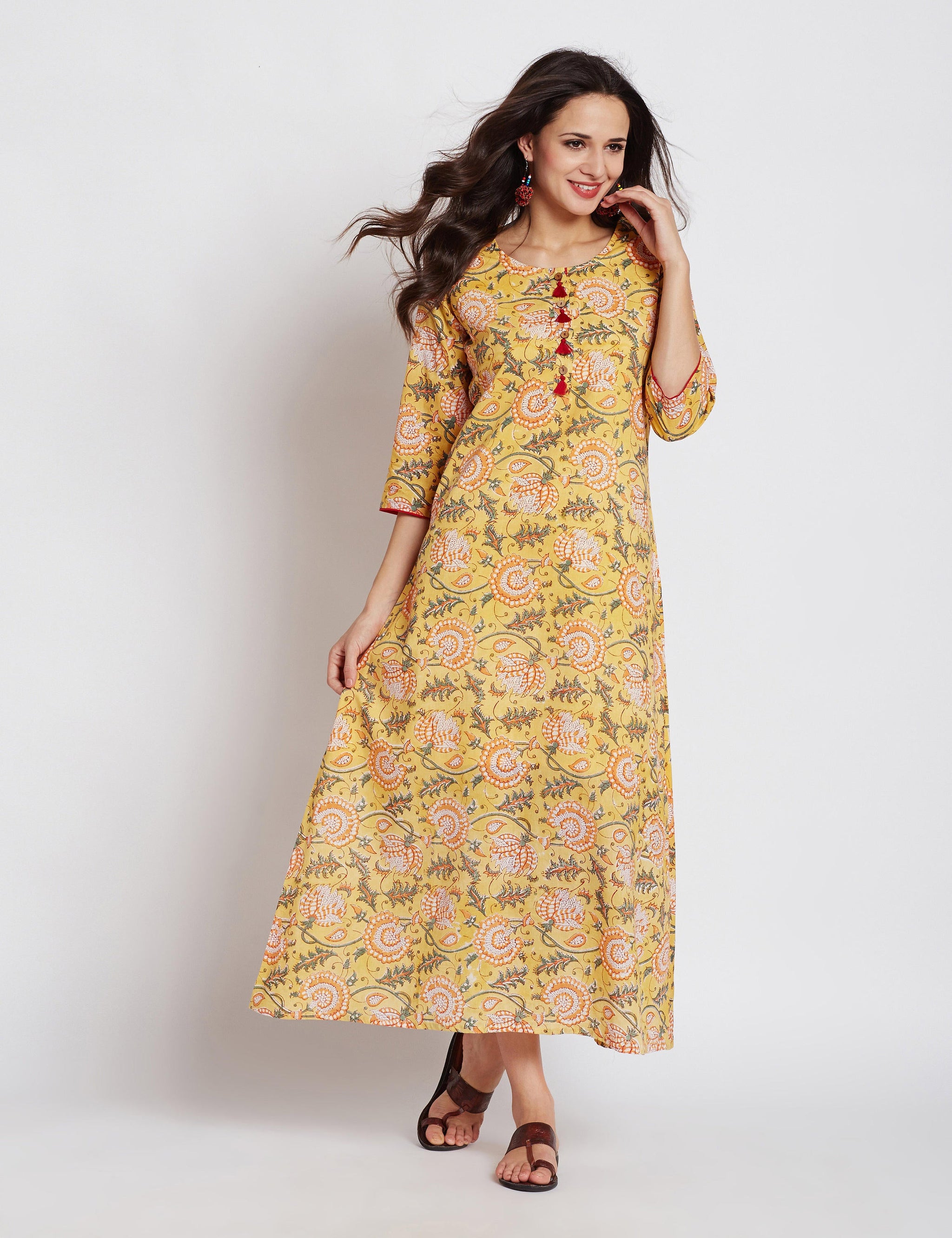 Hand block yellow floral printed one piece long dress