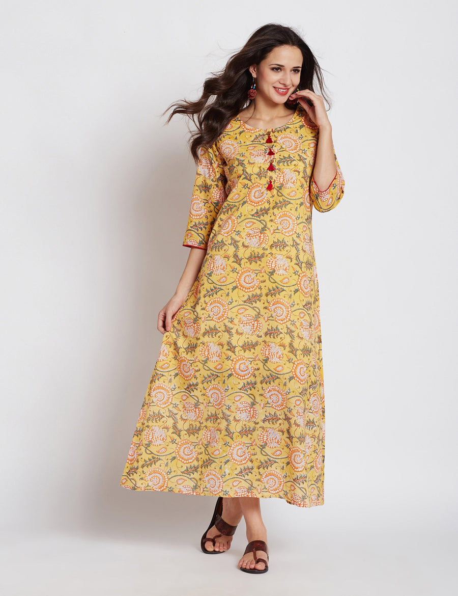 Hand block yellow floral printed one piece long dress