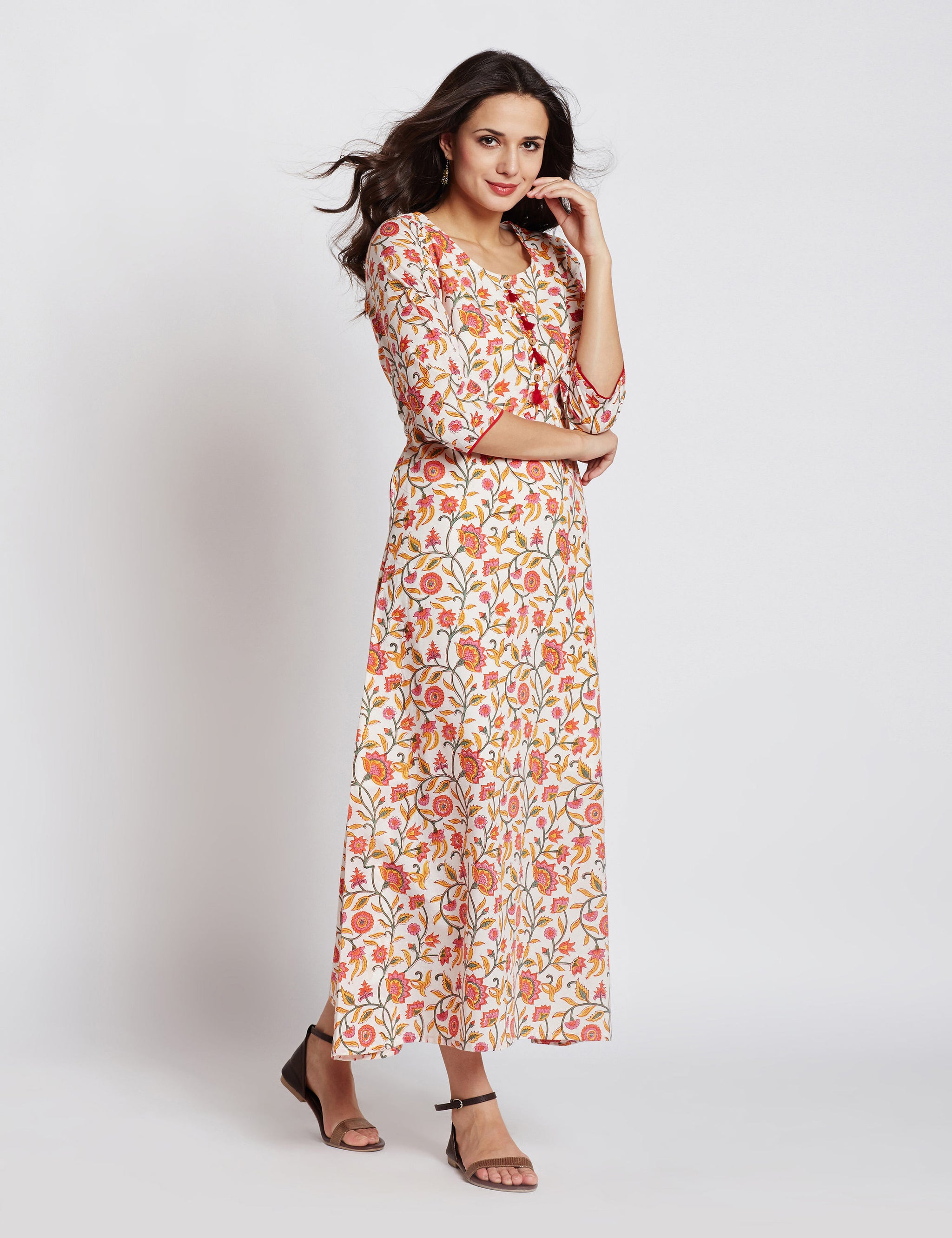 Hand block white floral printed one piece long dress