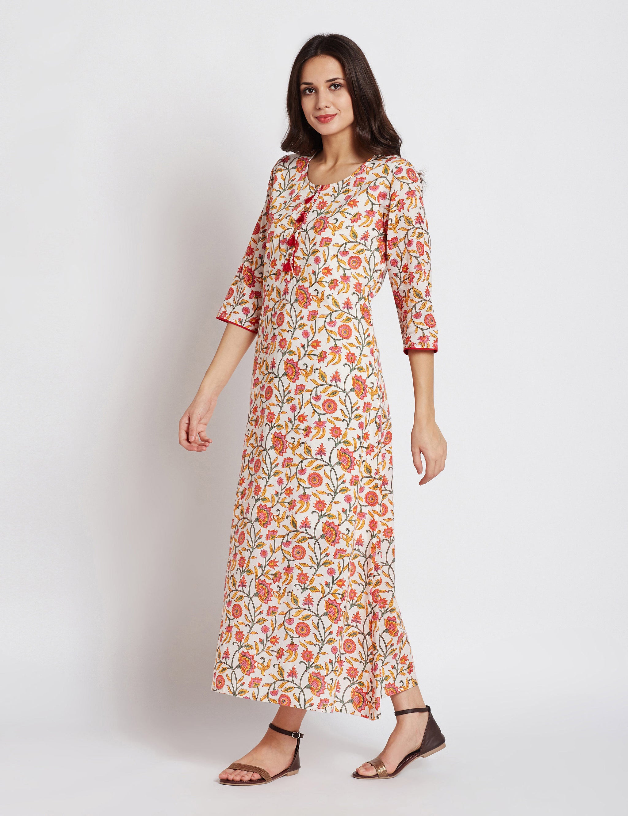 Hand block white floral printed one piece long dress