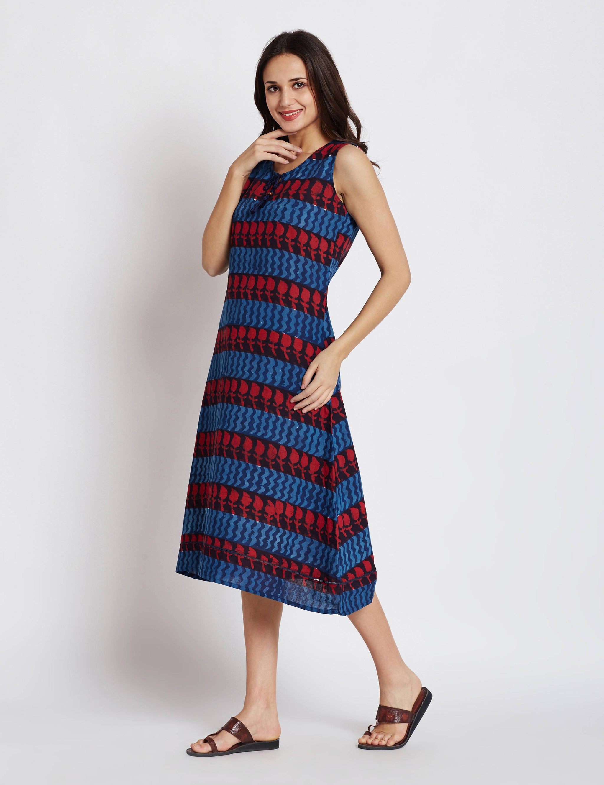 Hand block indigo dabu printed one piece sleeveless dress