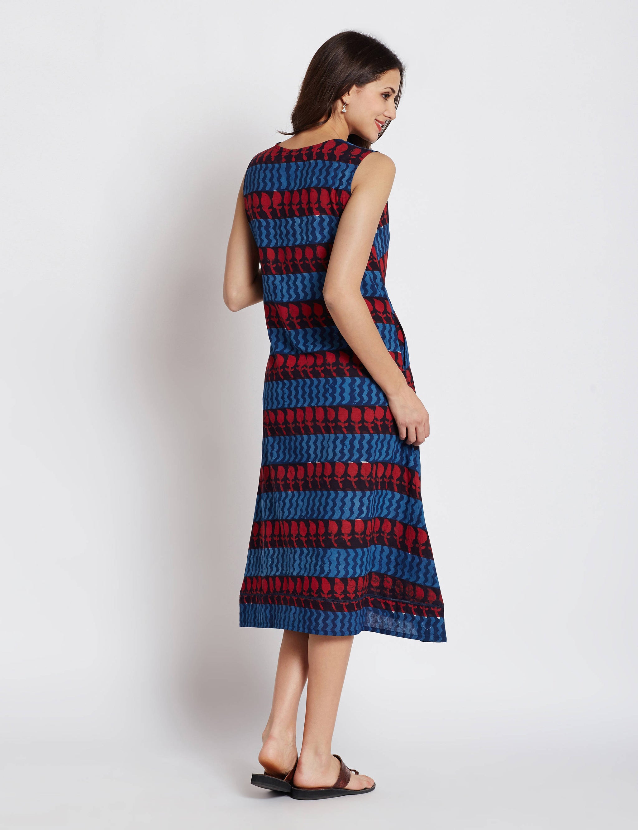 Hand block indigo dabu printed one piece sleeveless dress