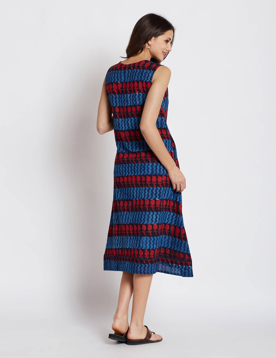 Hand block indigo dabu printed one piece sleeveless dress