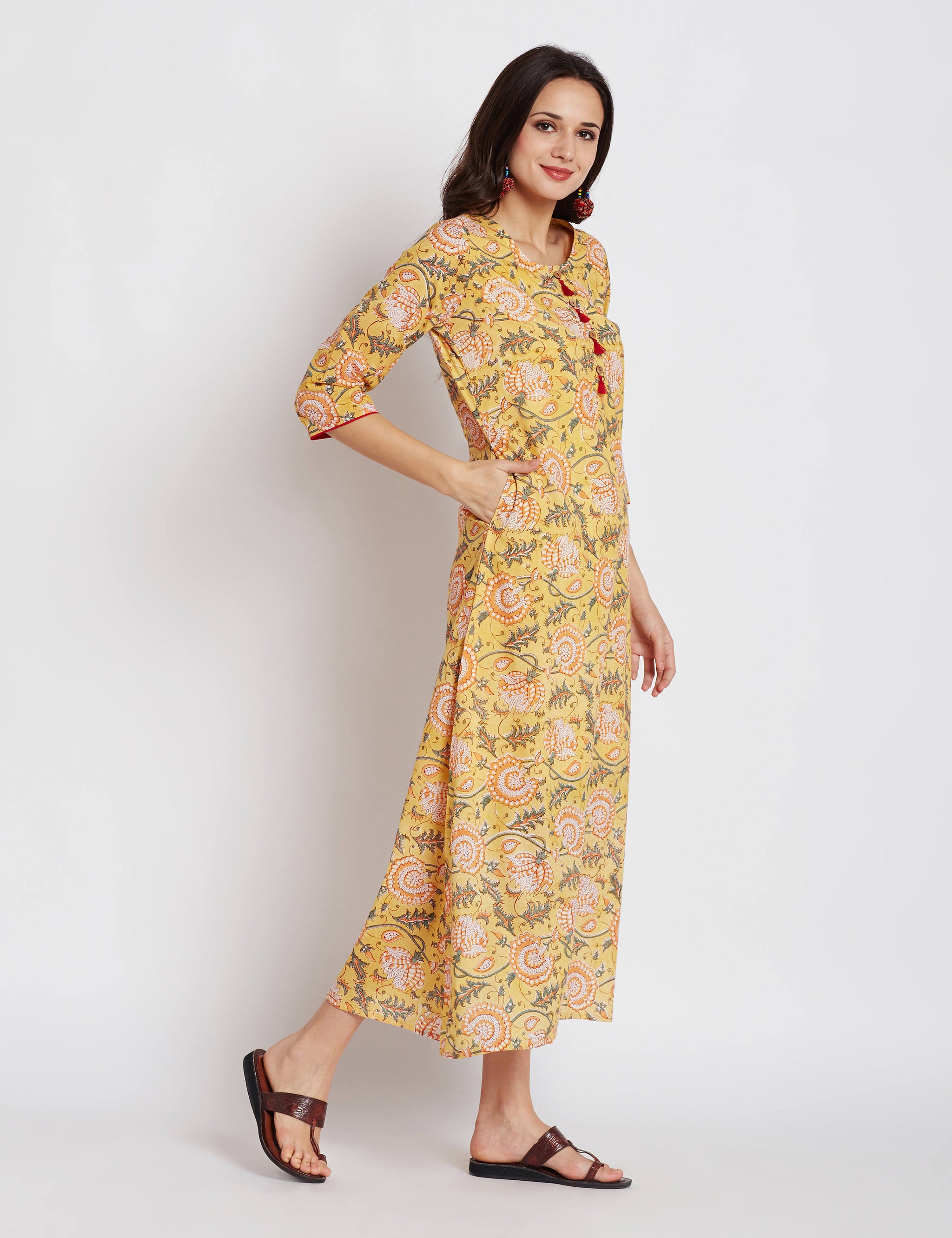 Hand block yellow floral printed one piece long dress