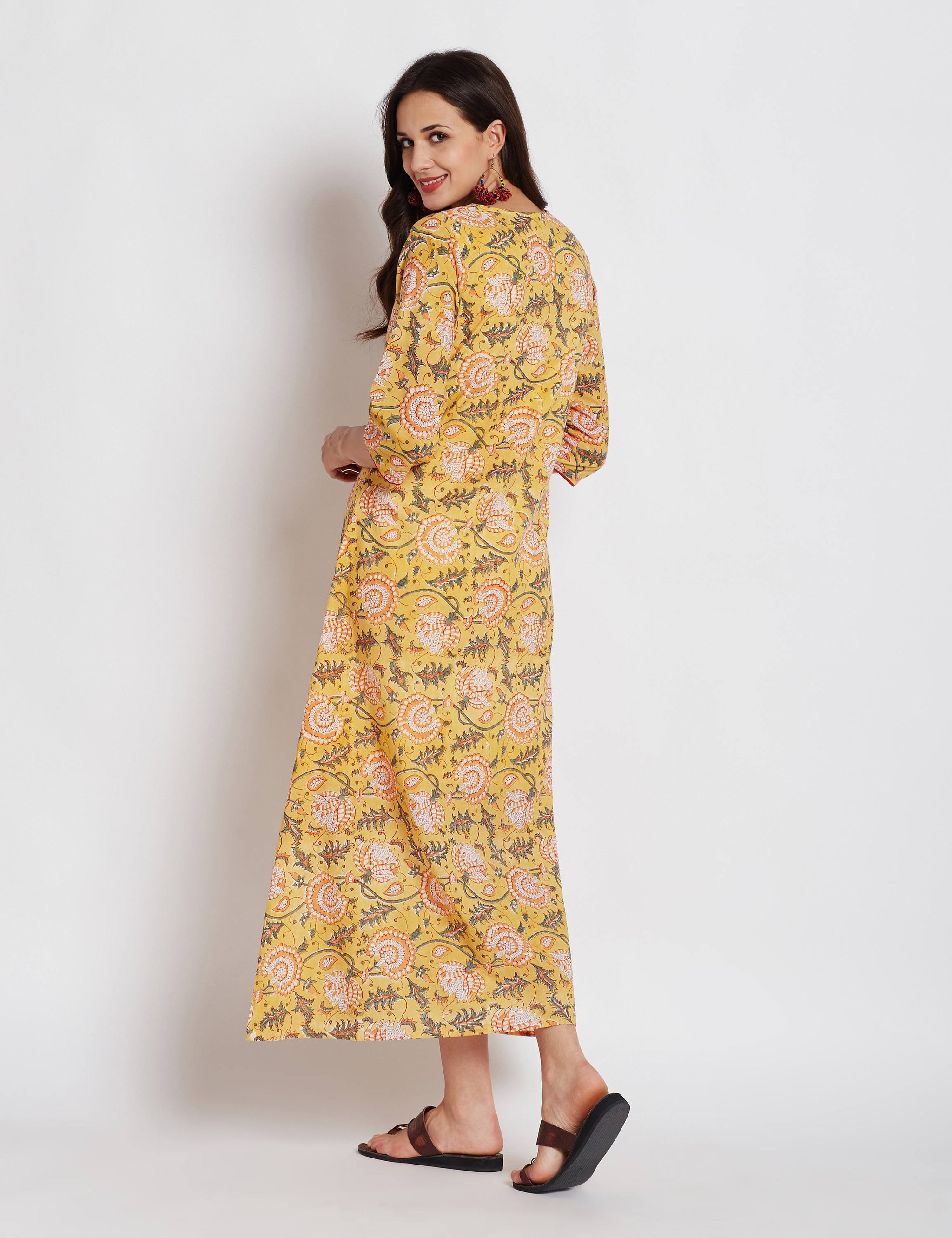 Hand block yellow floral printed one piece long dress