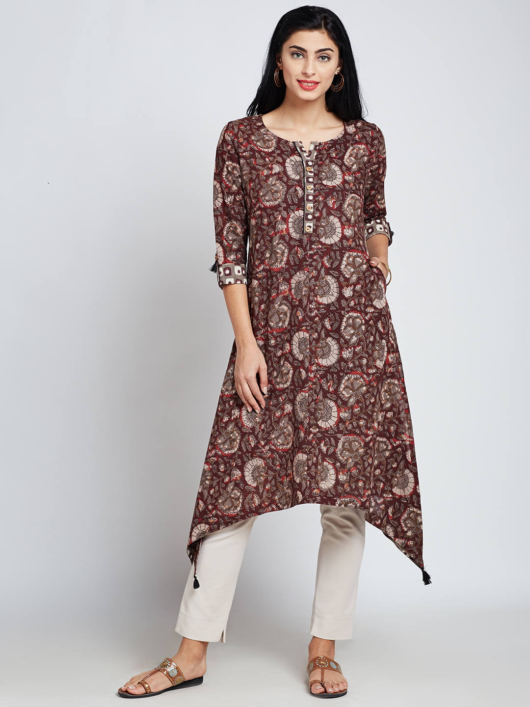 Hand block jahota printed Indian ethnic long kurta with asymmetric hem