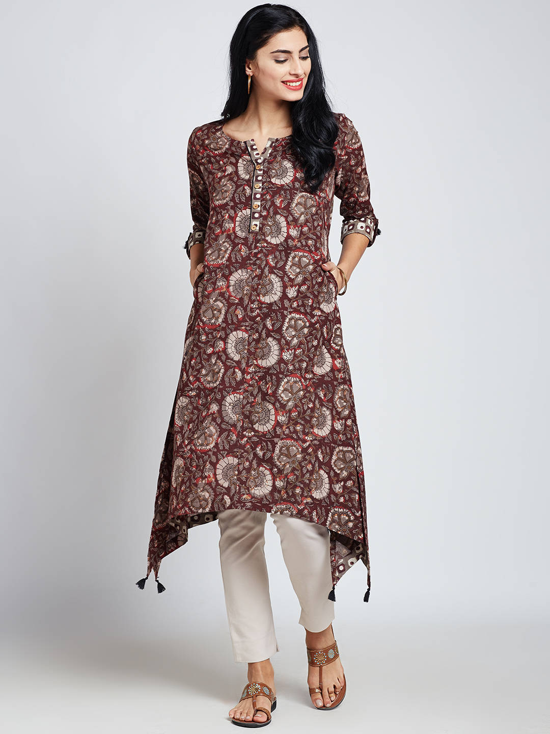 Hand block jahota printed Indian ethnic long kurta with asymmetric hem