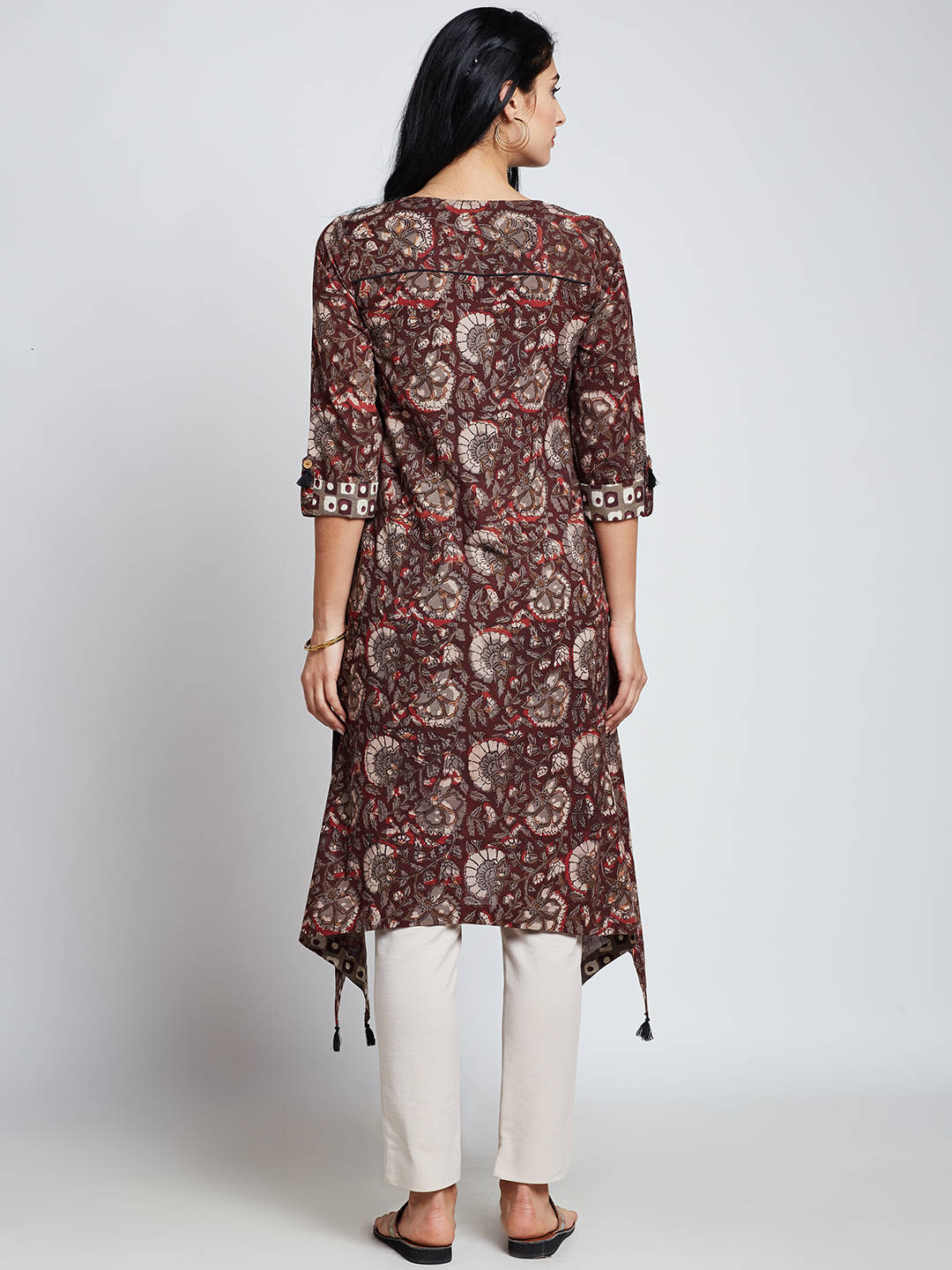 Hand block jahota printed Indian ethnic long kurta with asymmetric hem