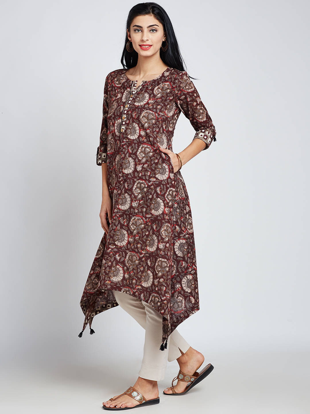 Hand block jahota printed Indian ethnic long kurta with asymmetric hem