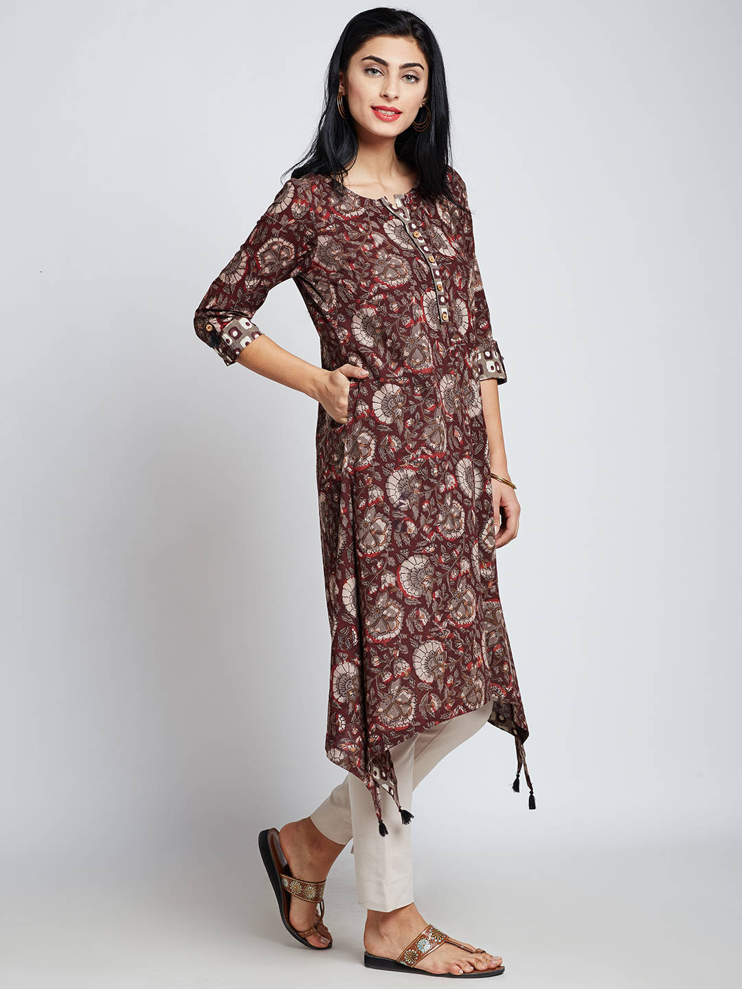 Hand block jahota printed Indian ethnic long kurta with asymmetric hem