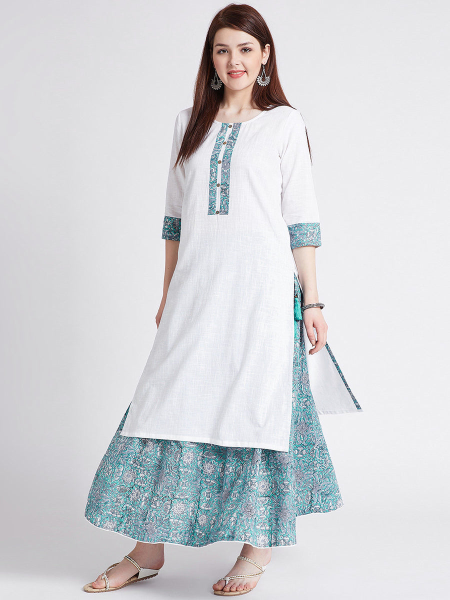 Hand block printed skirt with white long cotton kurta with detailing on neck, sleeves & slits
