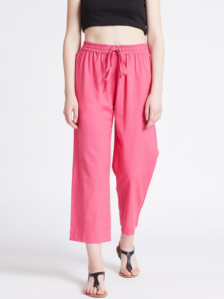 Pink cotton straight pants with pockets
