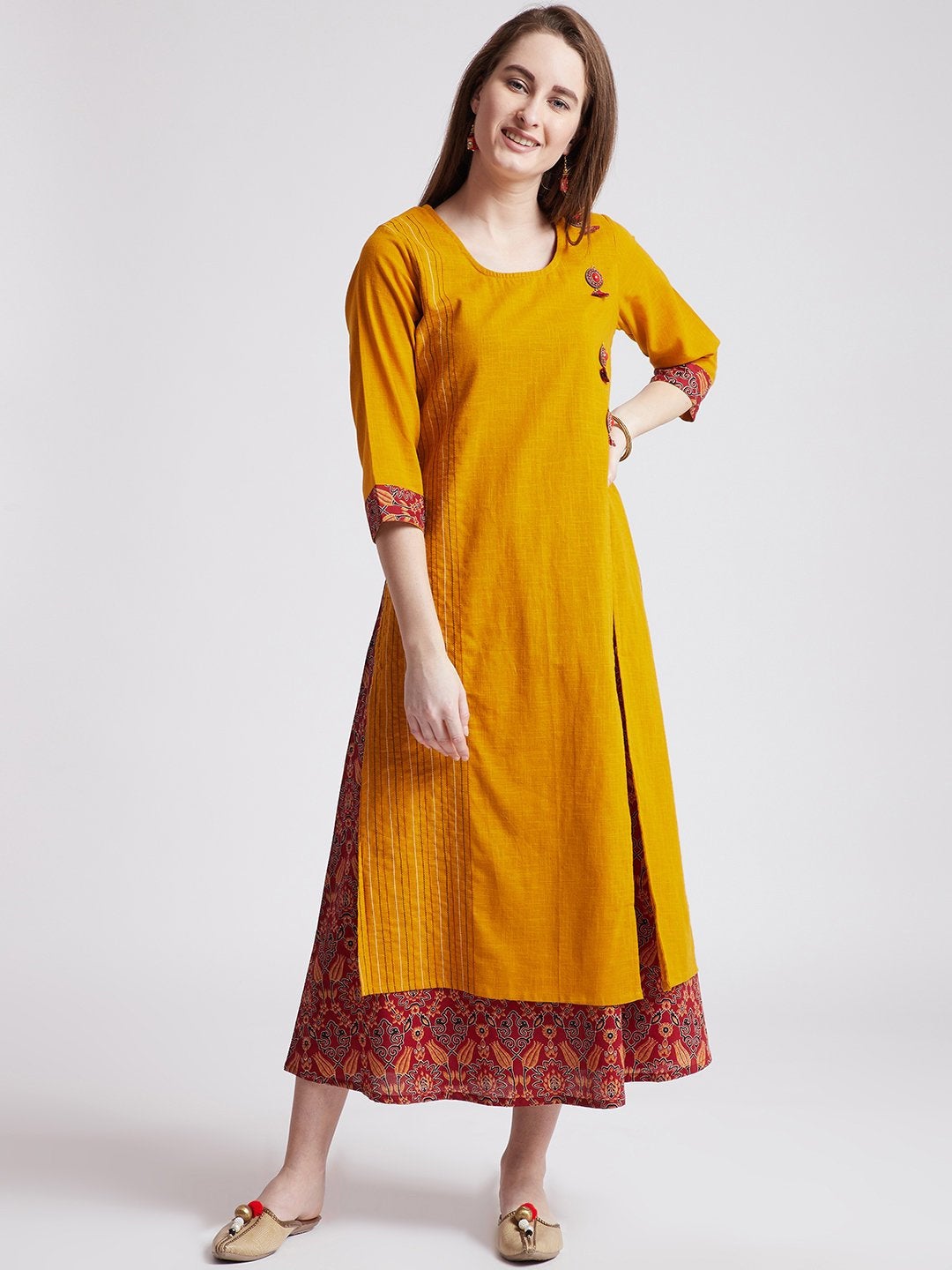 Hand block red floral printed long dress/ Kurta