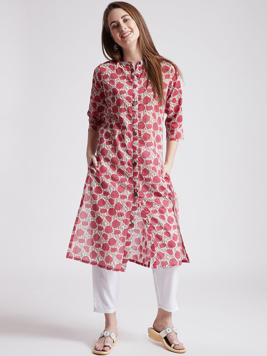 Hand block printed ethnic long Indian kurta in white colour with rose print & front slit
