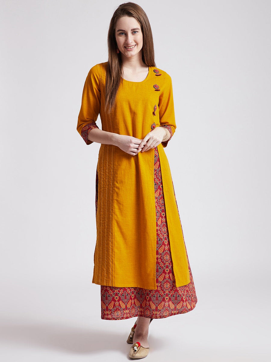 Hand block red floral printed long dress/ Kurta