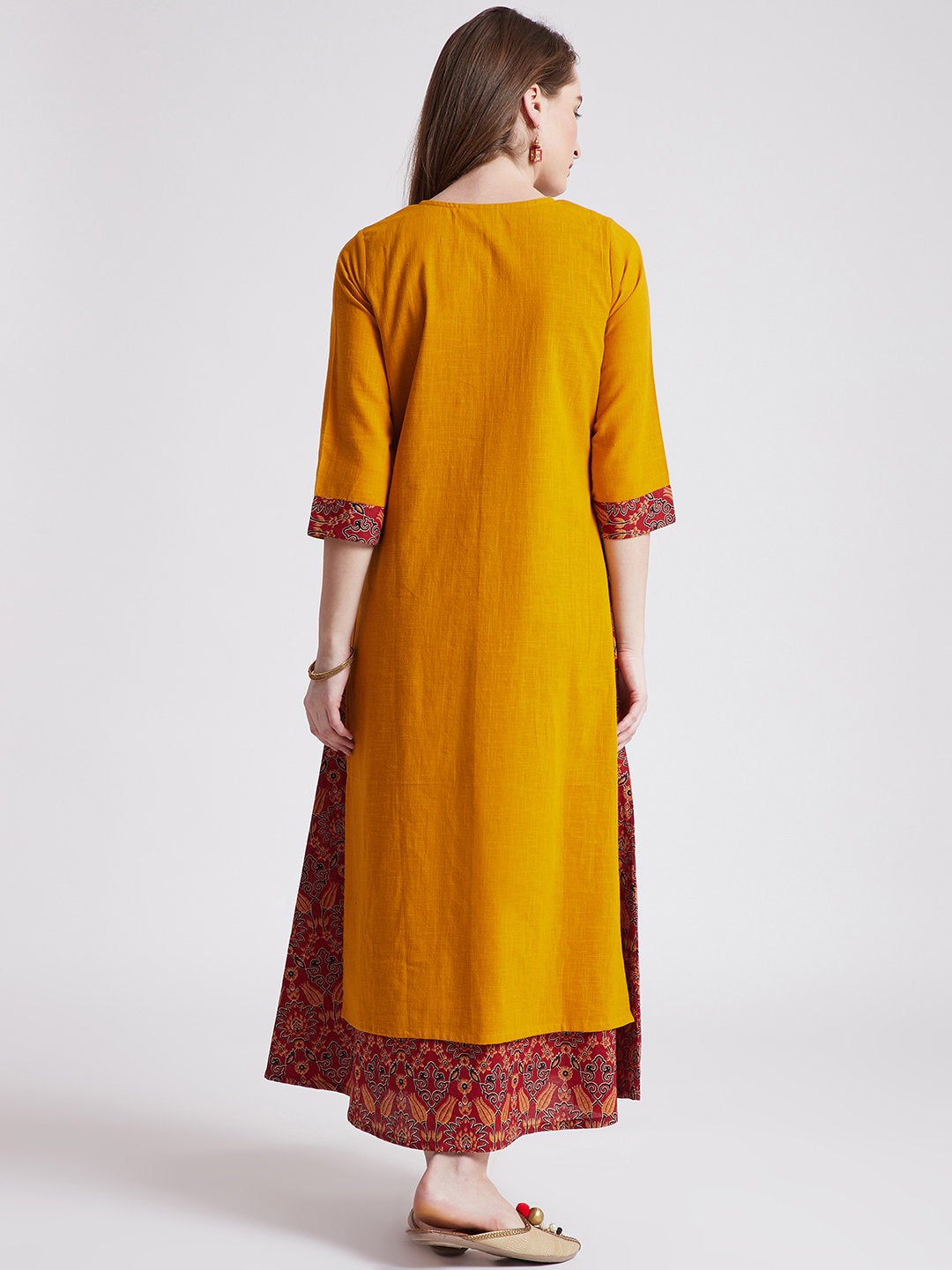 Hand block red floral printed long dress/ Kurta