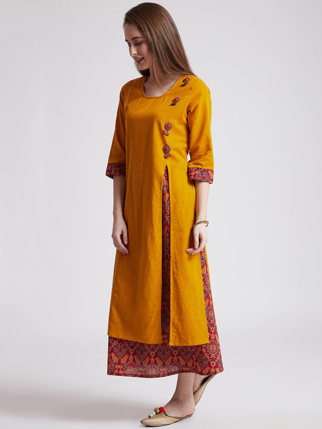 Hand block red floral printed long dress/ Kurta