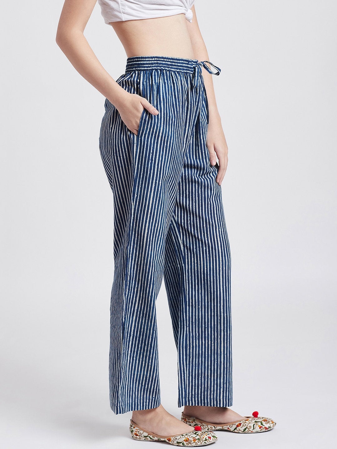 Indigo hand block cotton printed straight pants with pockets