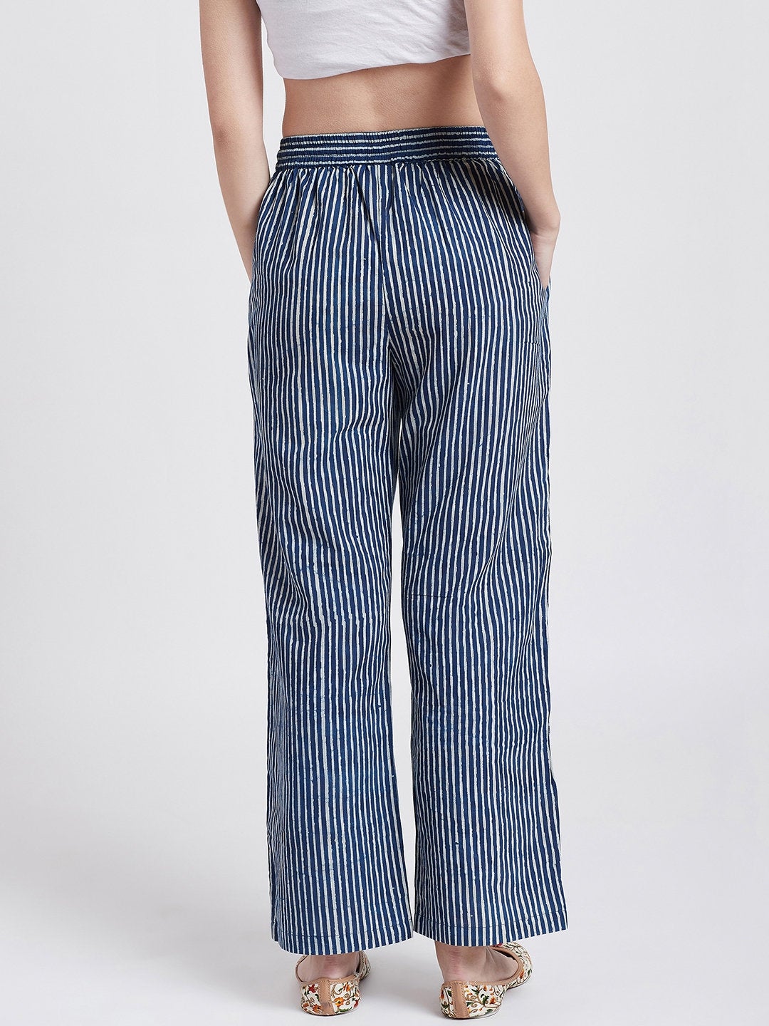 Indigo hand block cotton printed straight pants with pockets