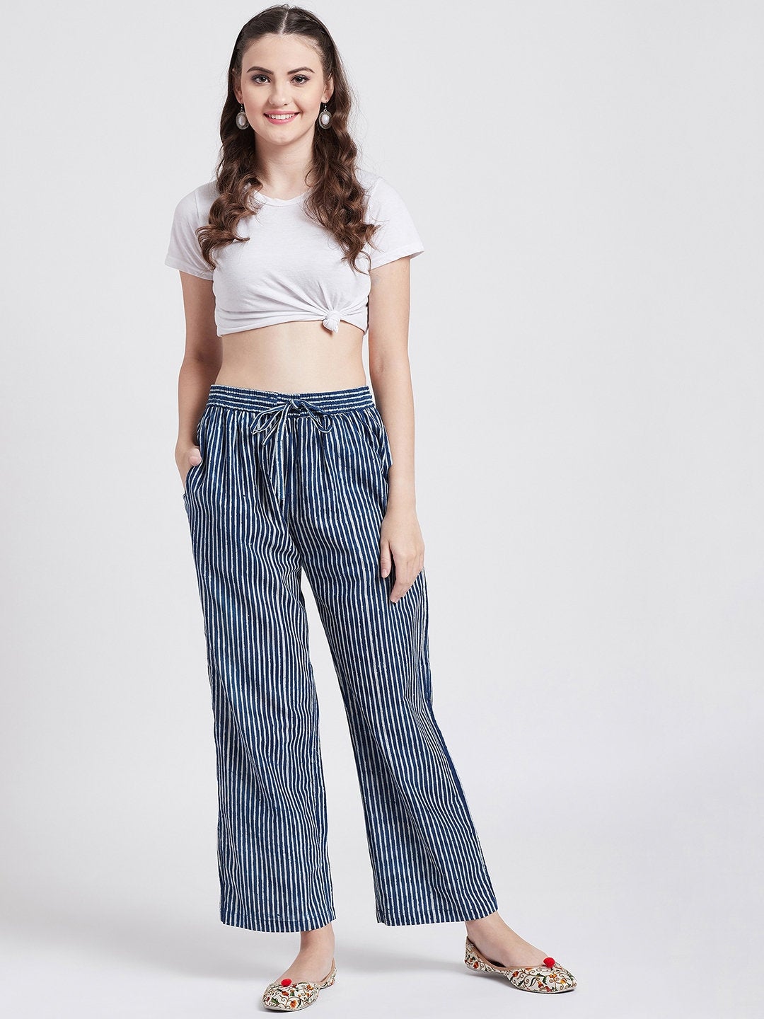 Indigo hand block cotton printed straight pants with pockets