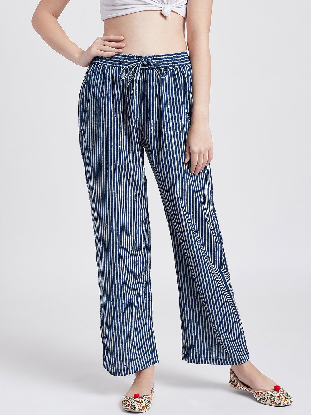 Indigo hand block cotton printed straight pants with pockets