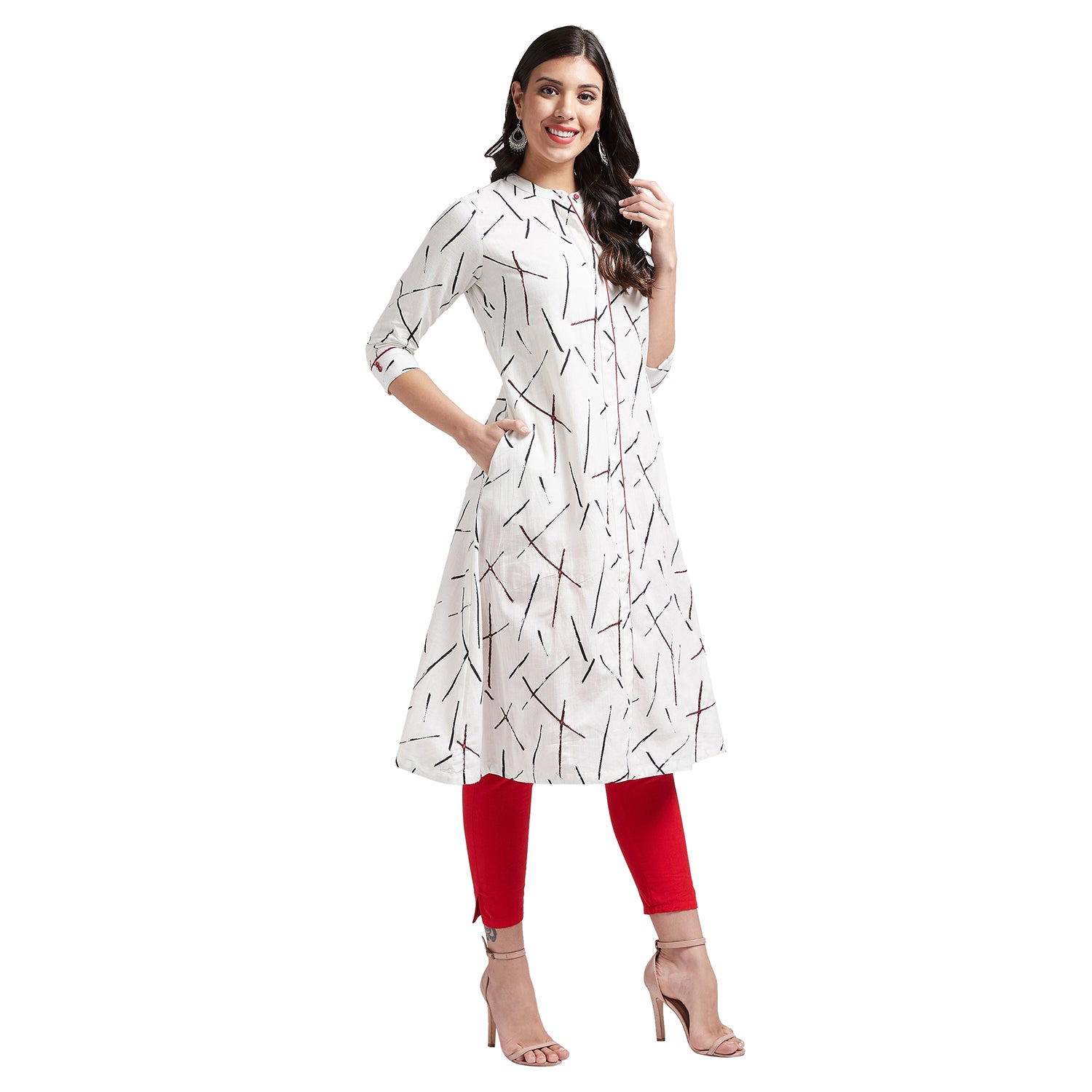 Indian ethnic hand block printed long kurta with front slit in white colour with pockets with button & embroidery detailing on front