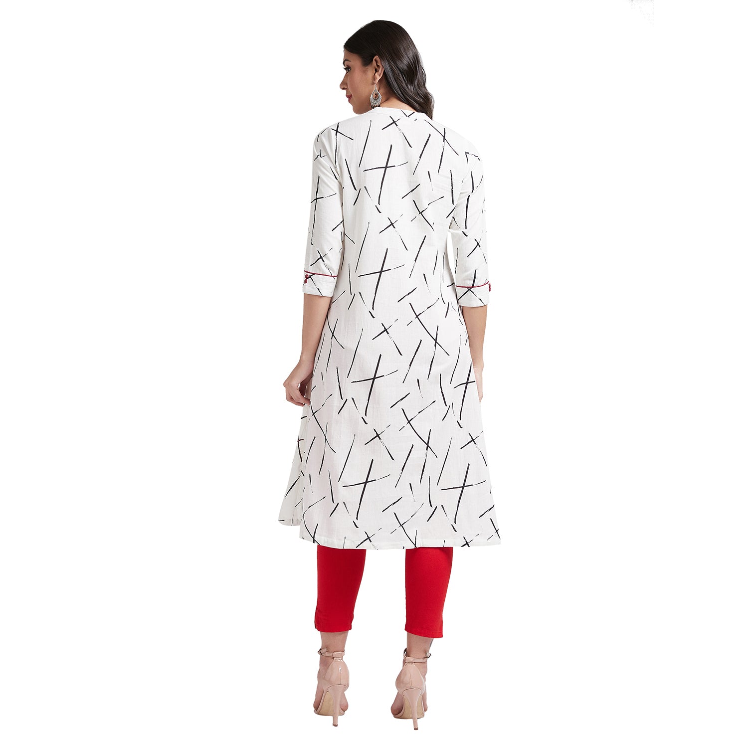 Indian ethnic hand block printed long kurta with front slit in white colour with pockets with button & embroidery detailing on front