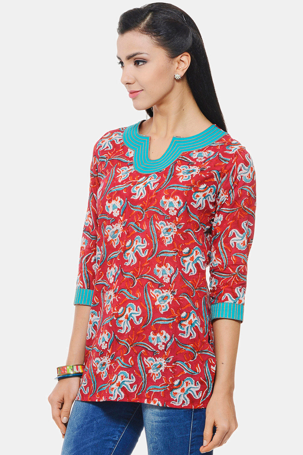 Hand Block Printed Indian Kurti in red floral design with Embroidery on neck and sleeves