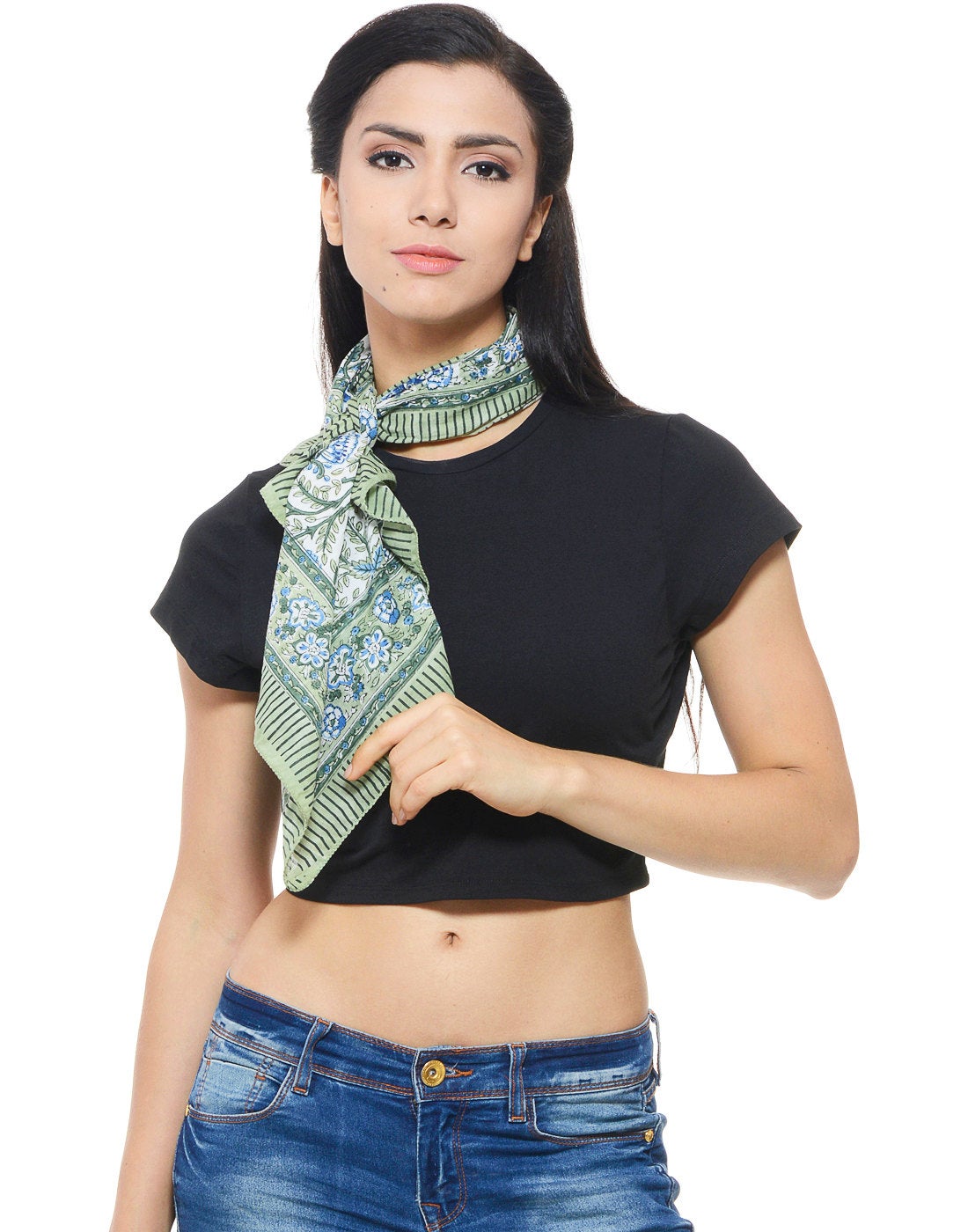 Soft cotton hand block printed scarf in white with blue floral & green leaves