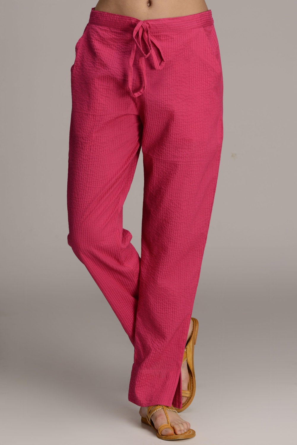 Self embroided cotton straight pants in hot pink colour - KanisaCrafts