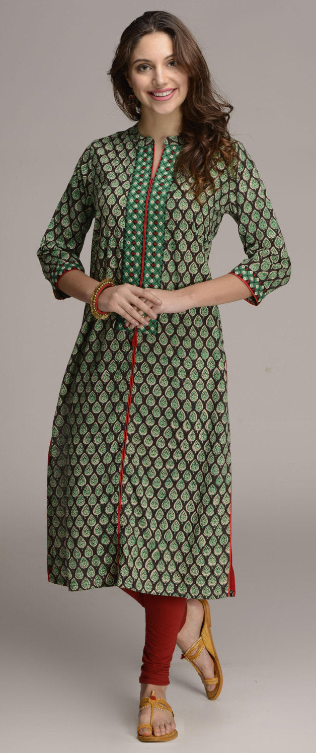 Hand block paisley printed Indian ethnic long kurta with embroidery