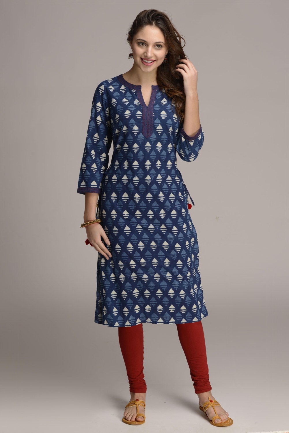 Indigo Hand block printed ethnic long Indian kurta with side tassels and hand embroidery on neck