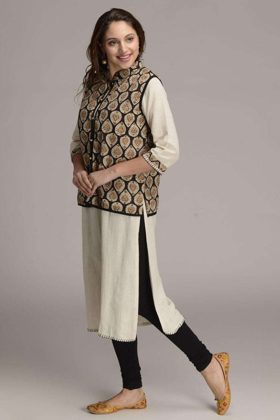 Hand block printed ethnic jacket with long Indian kurta