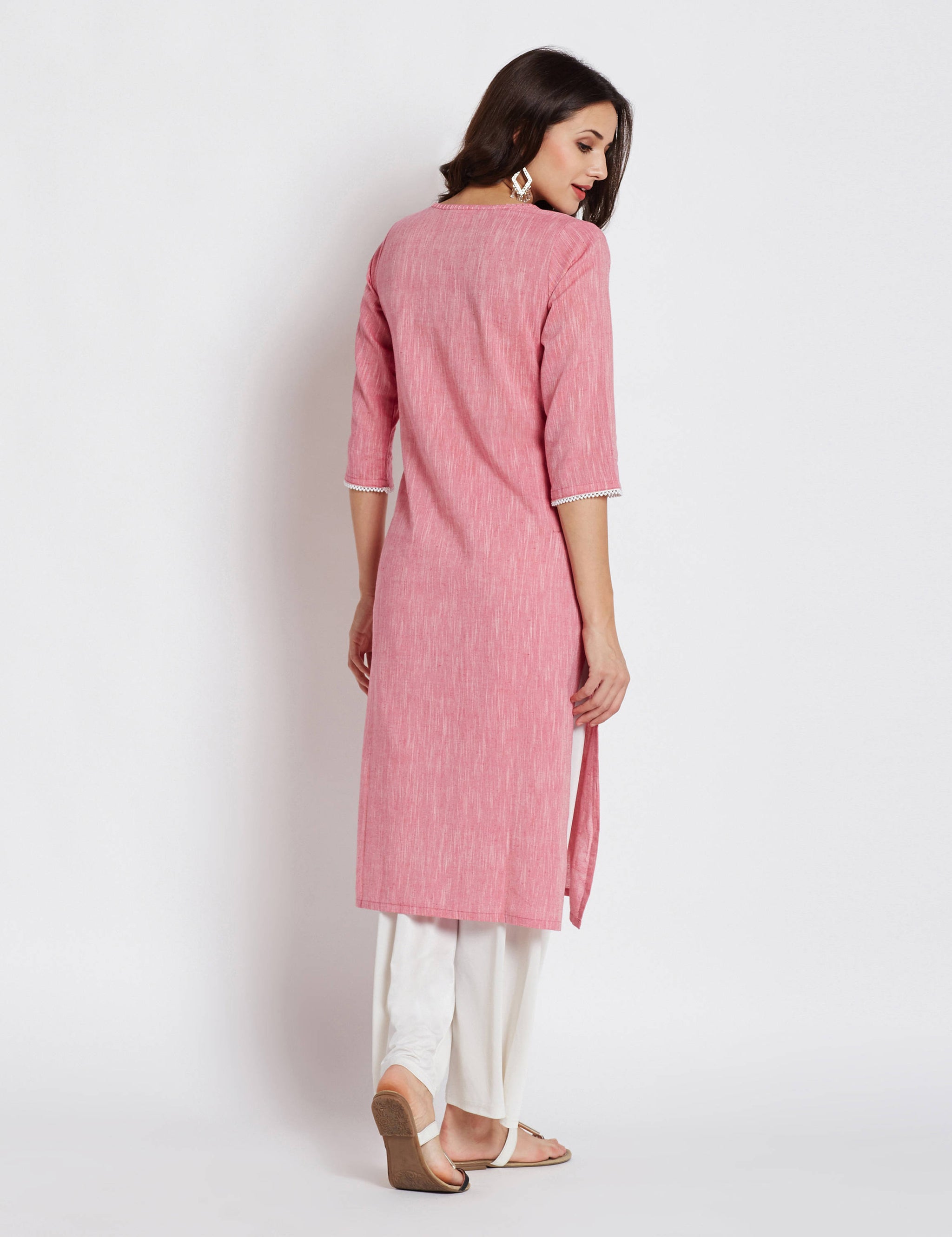 Indian ethnic long kurta with pocket in soft pink colour with beads border detailing