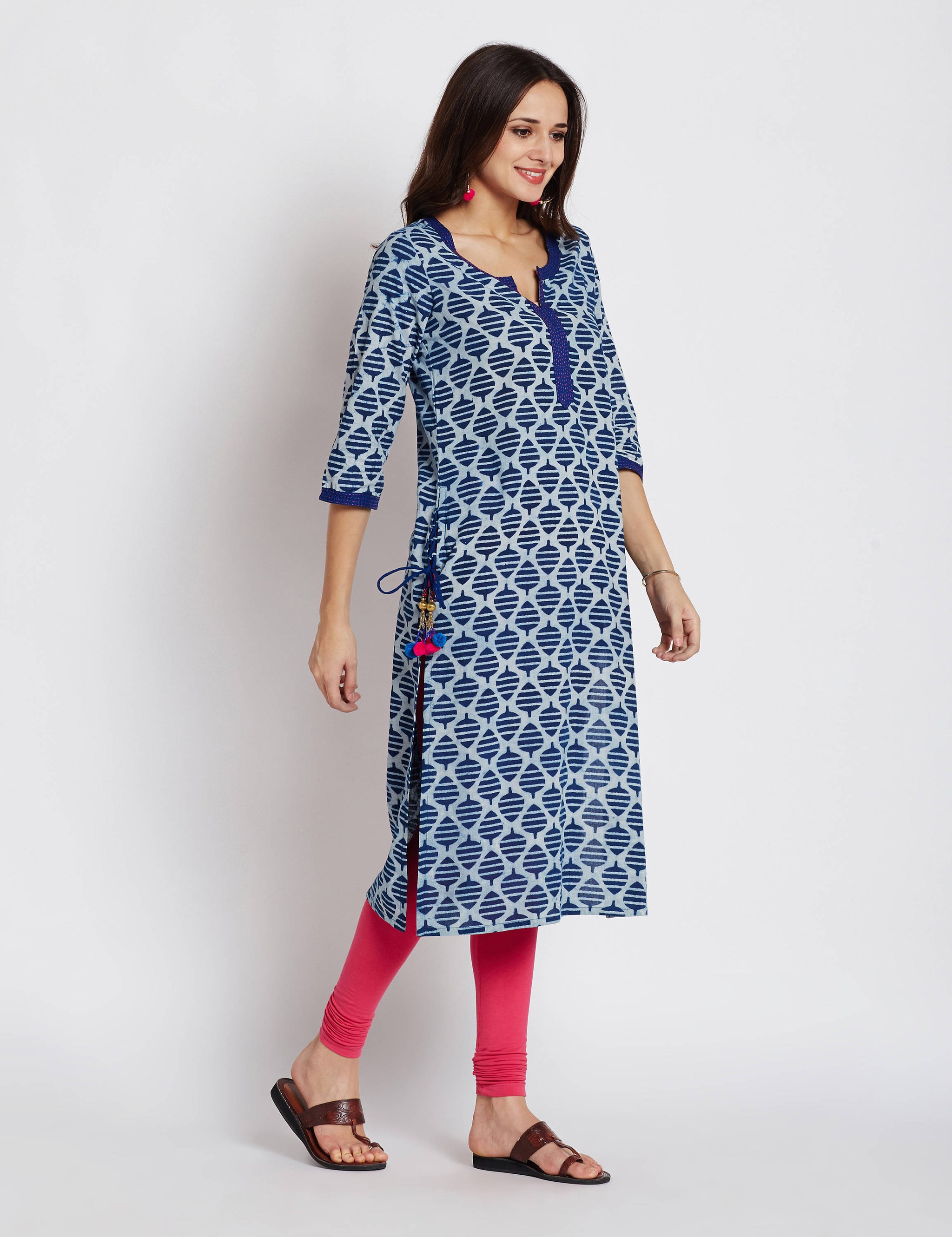 Indigo Hand block printed ethnic long Indian kurta with side tassels and hand embroidery on neck and sleeves