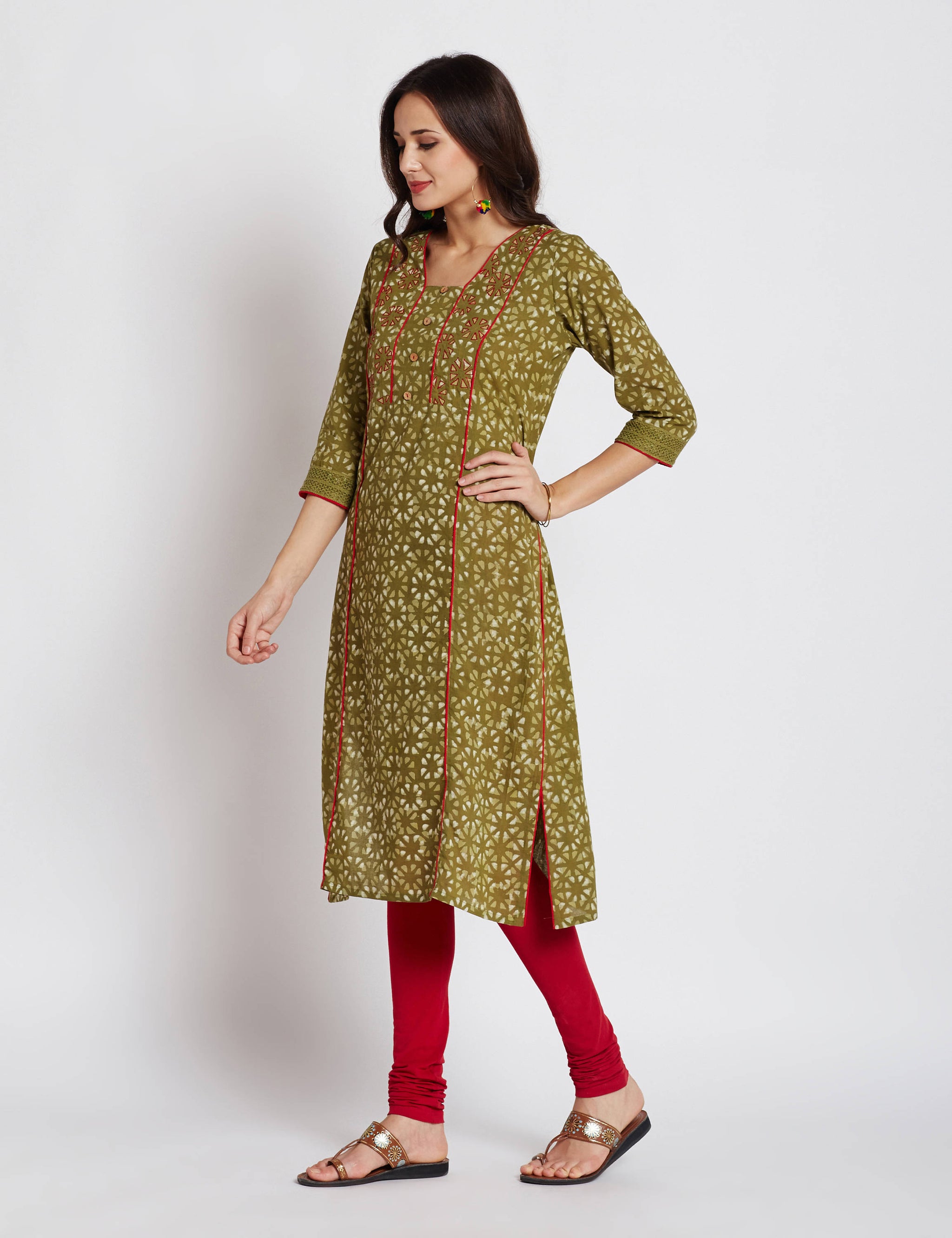 Hand block dabu printed ethnic long Indian kurta with trims on front and embroidery on neck