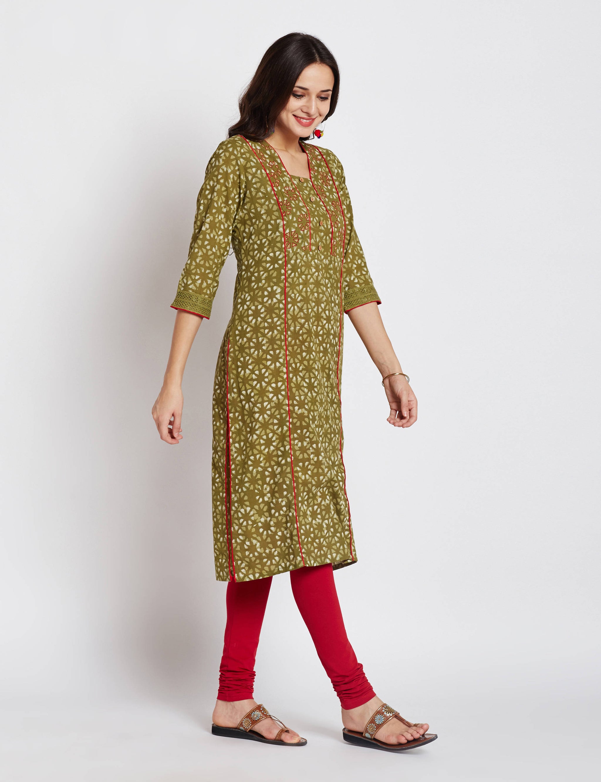 Hand block dabu printed ethnic long Indian kurta with trims on front and embroidery on neck