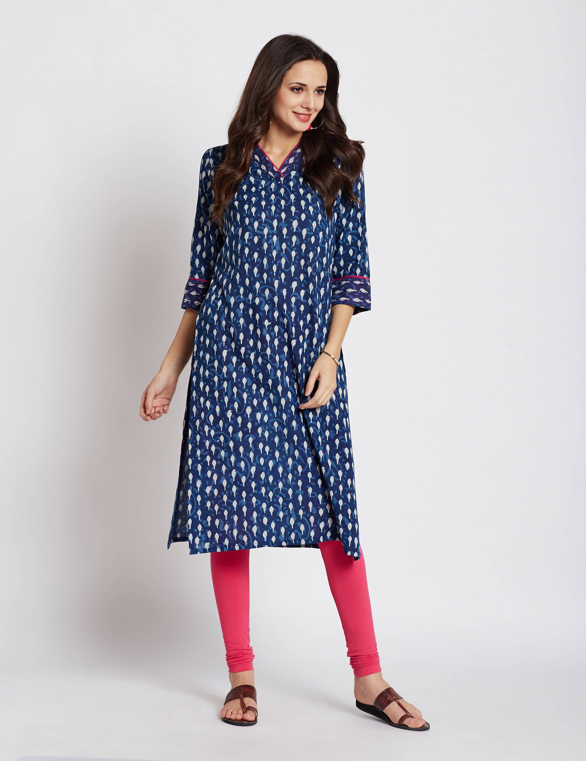 Indigo Hand block dabu printed ethnic long Indian kurta with contrast trims and hot pink hand embroidery on V neck and sleeves