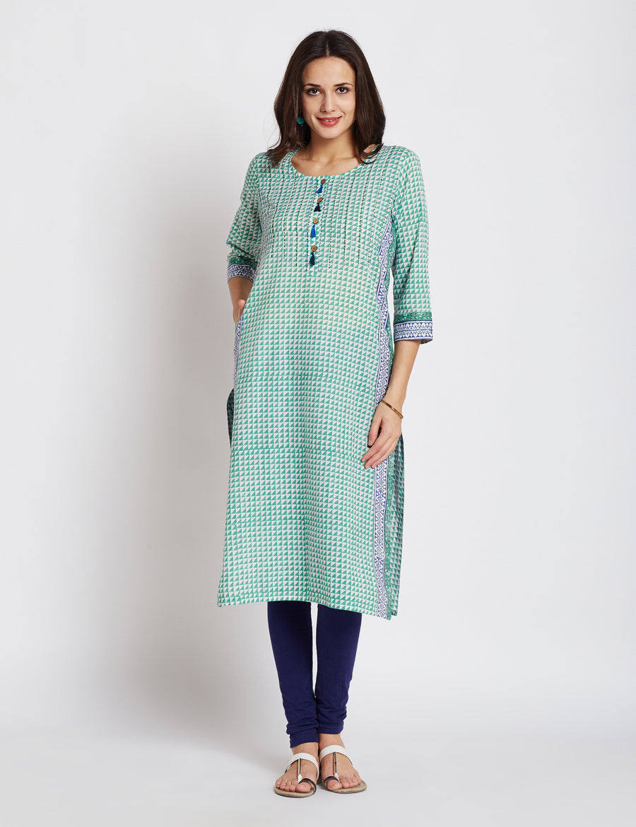 Hand block printed ethnic long Indian pocket kurta with border detailing, kantha hand embroidery & tassels on front placket
