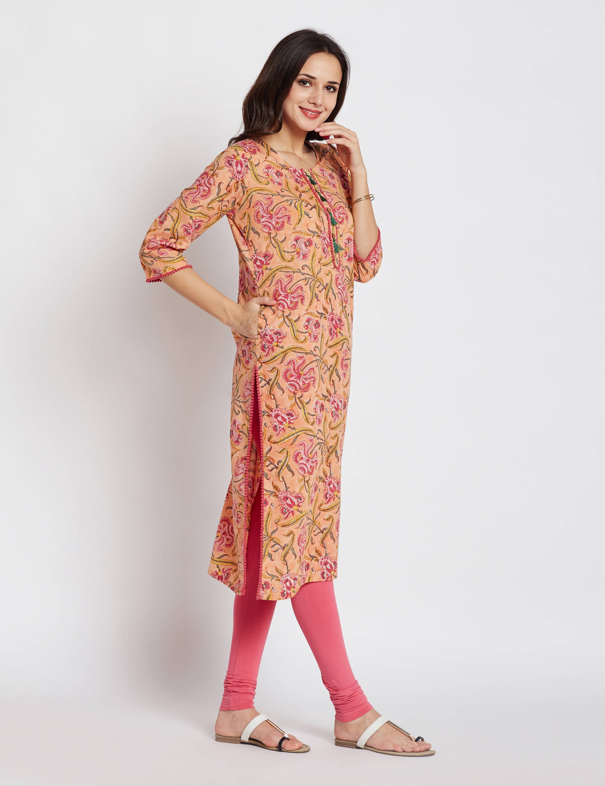 Hand block printed ethnic long Indian kurta with pompom trims & tassels on front