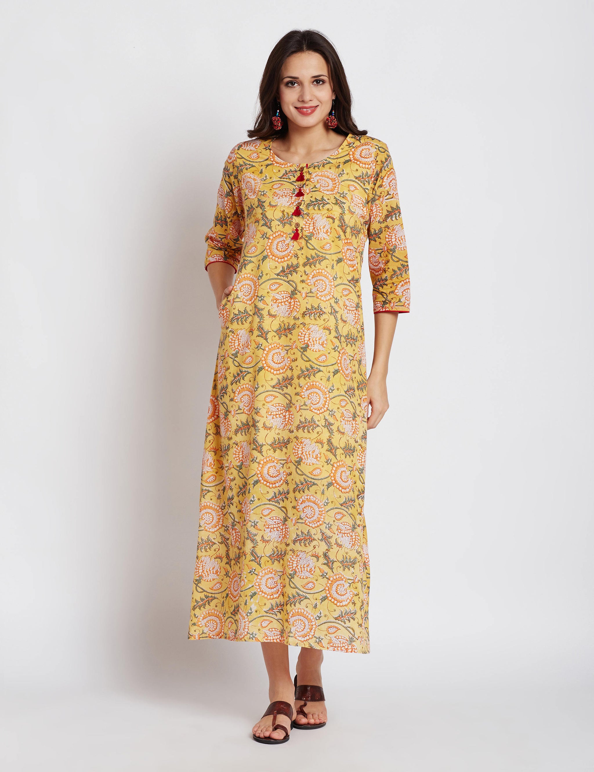 Hand block yellow floral printed one piece long dress