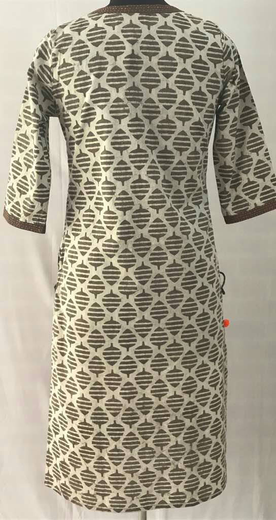 Hand block dabu printed ethnic long Indian kurta with side tassels and hand embroidery on neck