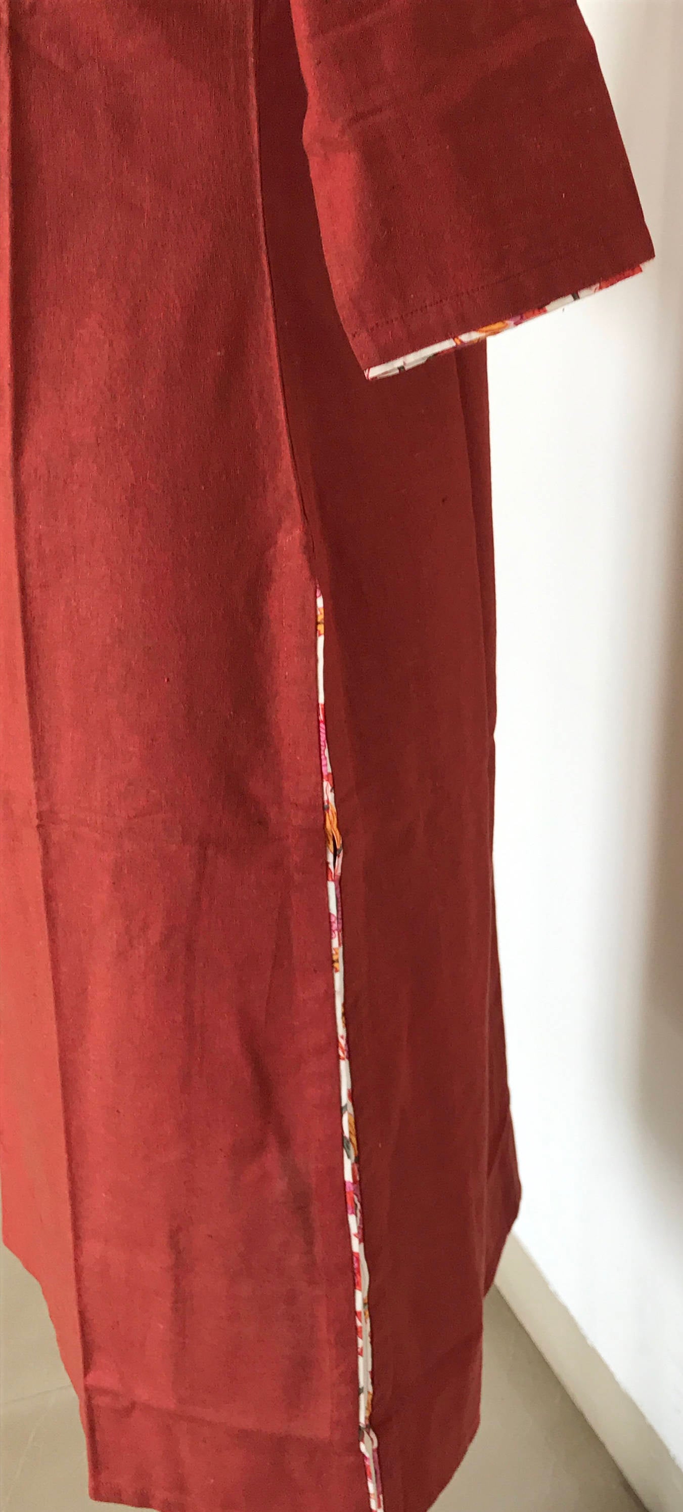 Indian ethnic long kurta with pocket in rust orange colour with hand block printed  yoke